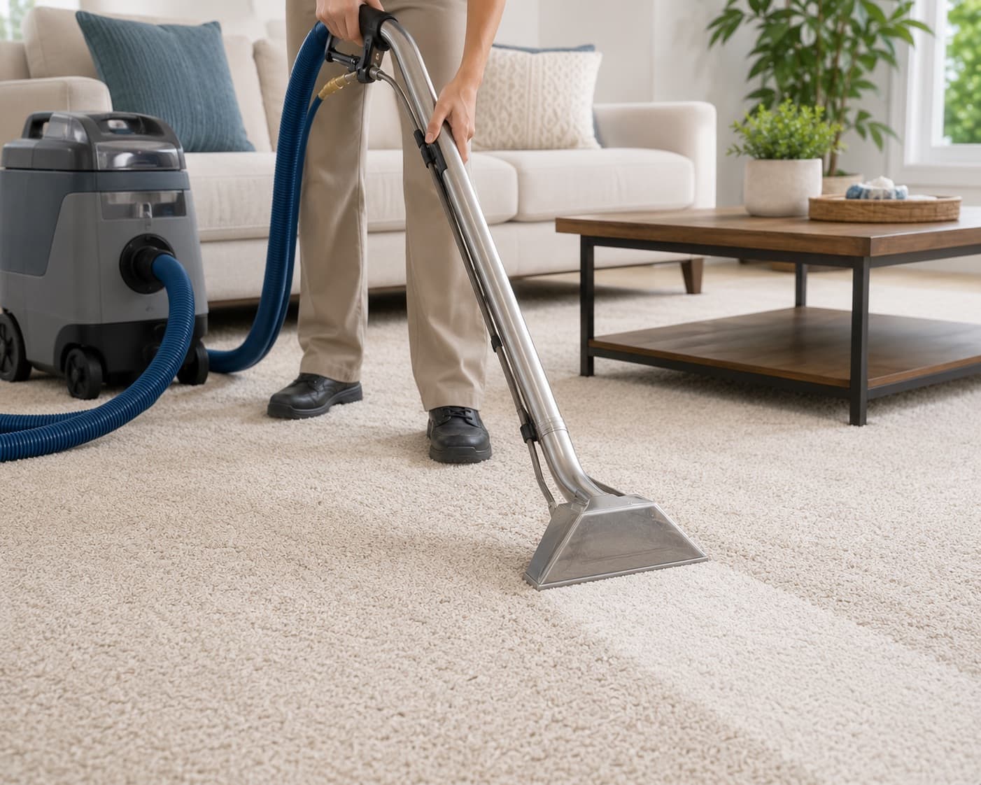 technician cleaning carpet with hot water extraction, steam cleaning carpet